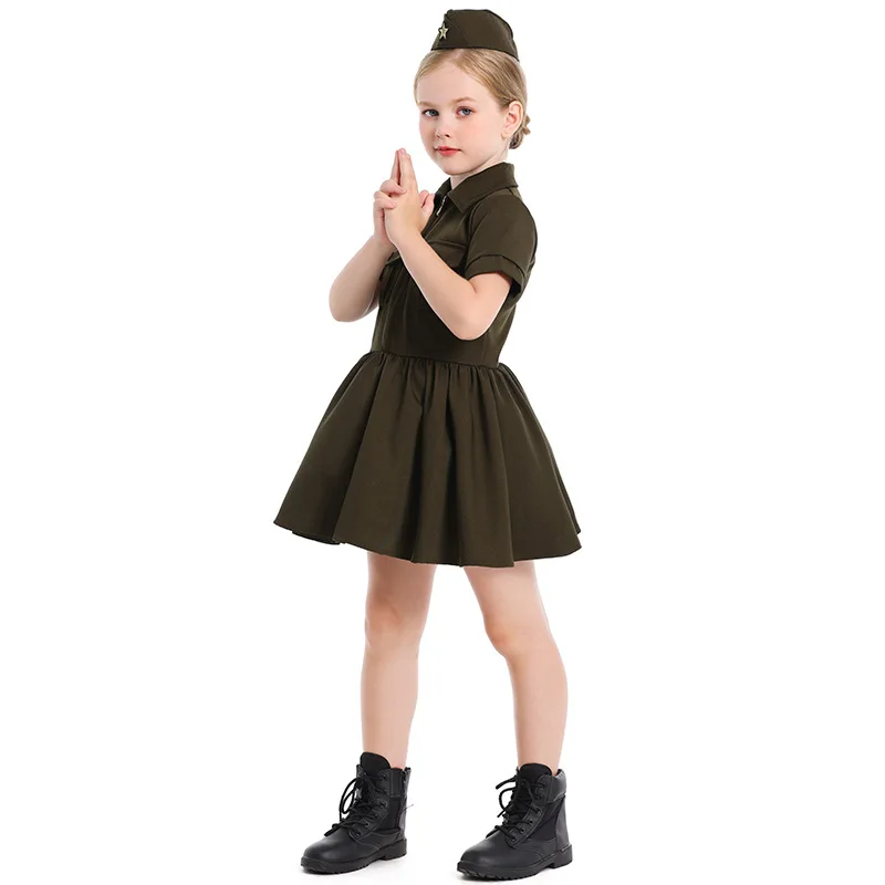 

Girl Costume Halloween Cosplay Costumes Girls Spy Green Dress Children's Army Career Experience Costume Policewoman Uniform