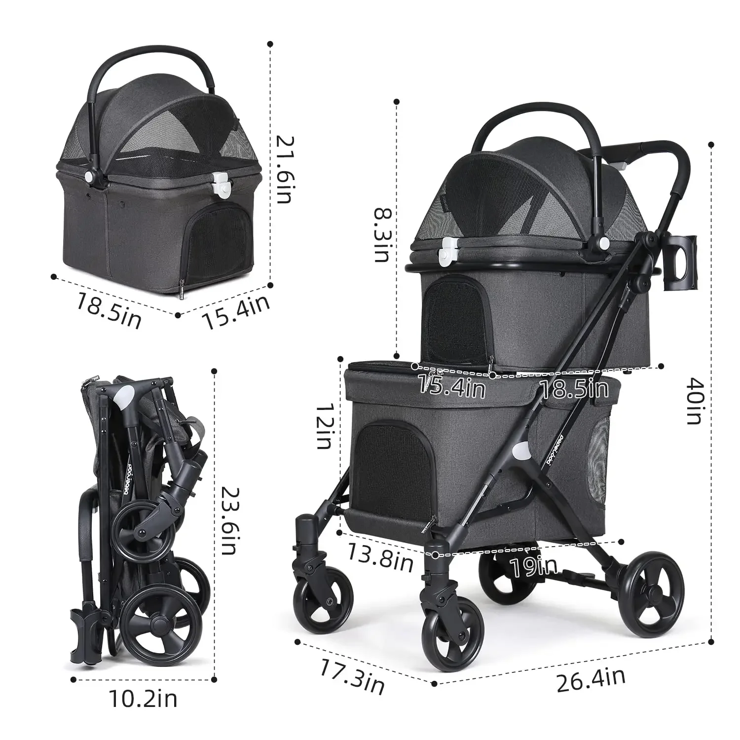 Cochecito doble T1 para mascotas, carrito plegable y ligero para 2 perros o gatos pequeños, con portador desmontable para acampar