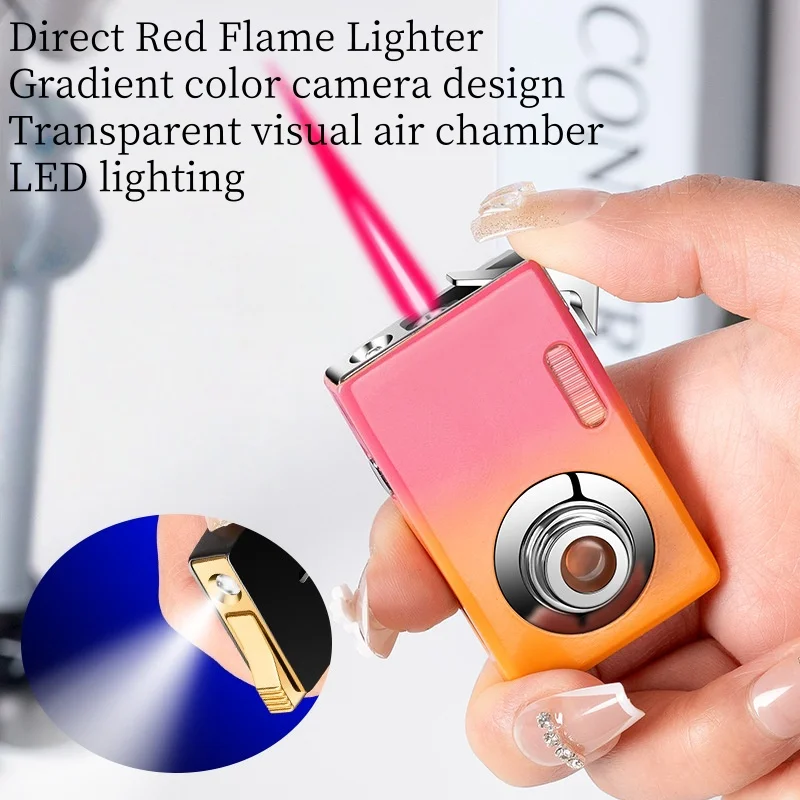 

Creative Personalized Camera Design Gradient Straight Red Flame Lighter LED Lighting Transparent Visible Air Chamber