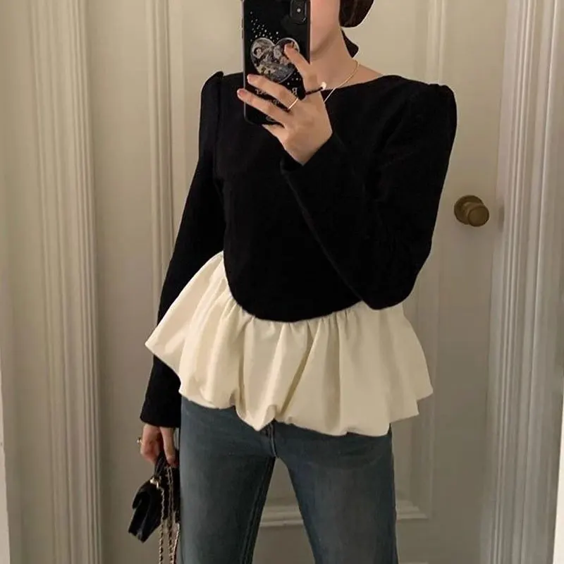 O-Neck Sexy Elegant Backless Blouse Women\'s Clothing Contrasting Colors Spliced Ruffles Spring Autumn Long Sleeve Waist Shirt