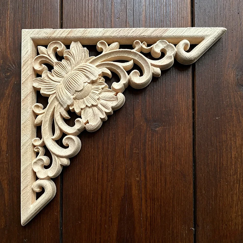 15-40cm Woodcarving Corner Decal Triangle Unpainted Solid Wood Carved Onlay Applique Frame Home Furniture Door Decor Ornament