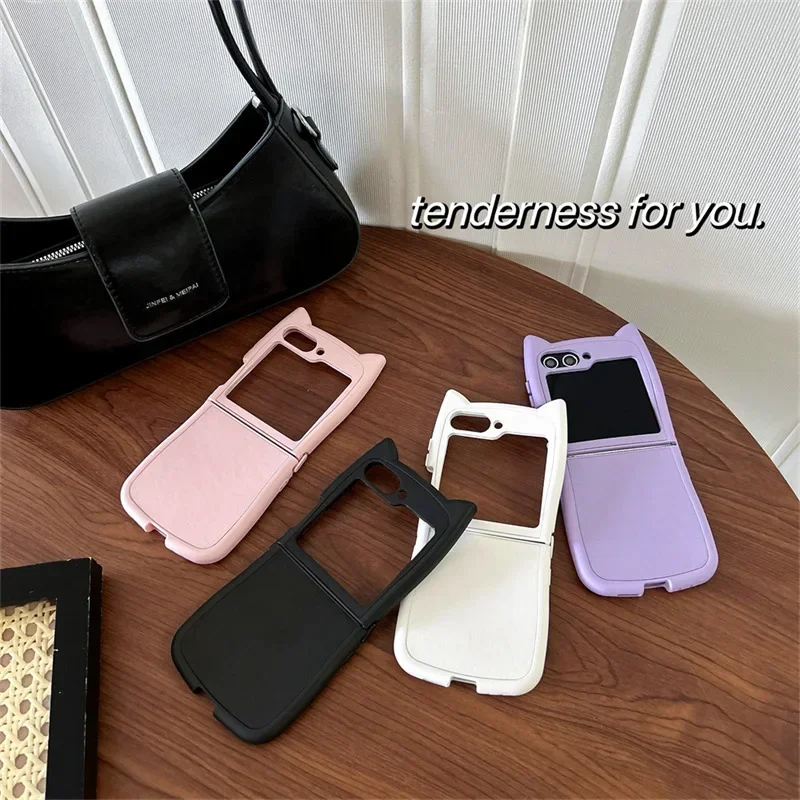 

Pure Color Cat Ears Phone Case for Samsung Galaxy Z Flip 6 5 4 3 Protective Back Cover for ZFlip4 ZFlip5 ZFlip6 Case