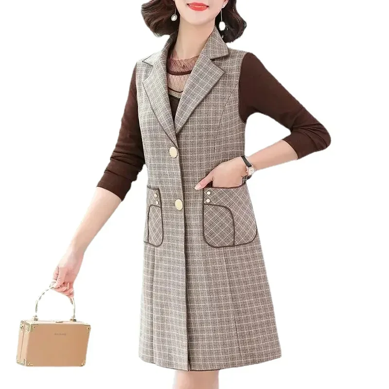 

Autumn Winter Women's Plaid wool Waistcoat Jacket Korean Fashion Lapel Sleeveless Long Coat Pocket Casual Vest Outwear Tops