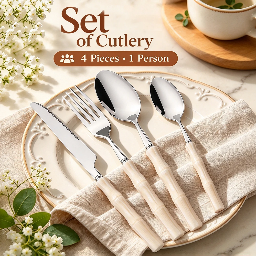 Bamboo Cutlery - 4-delige set bestek met imitatie bamboe
