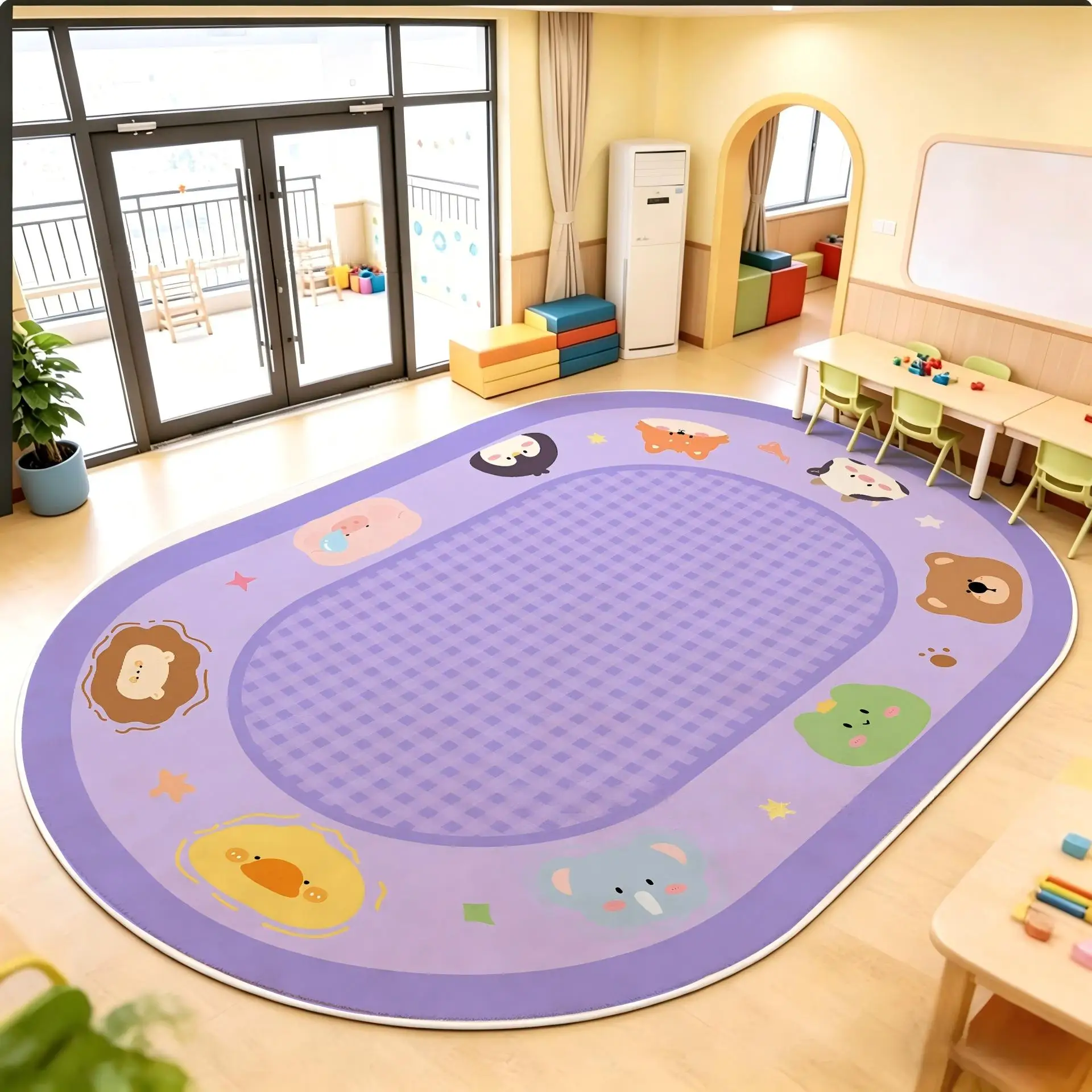 VIKAMA Forest Animal Kids Play Mat, Woodland Lion Fox Rabbit Bear Navy Rug, Non Slip Washable Crystal Velvet Rug for Classroom