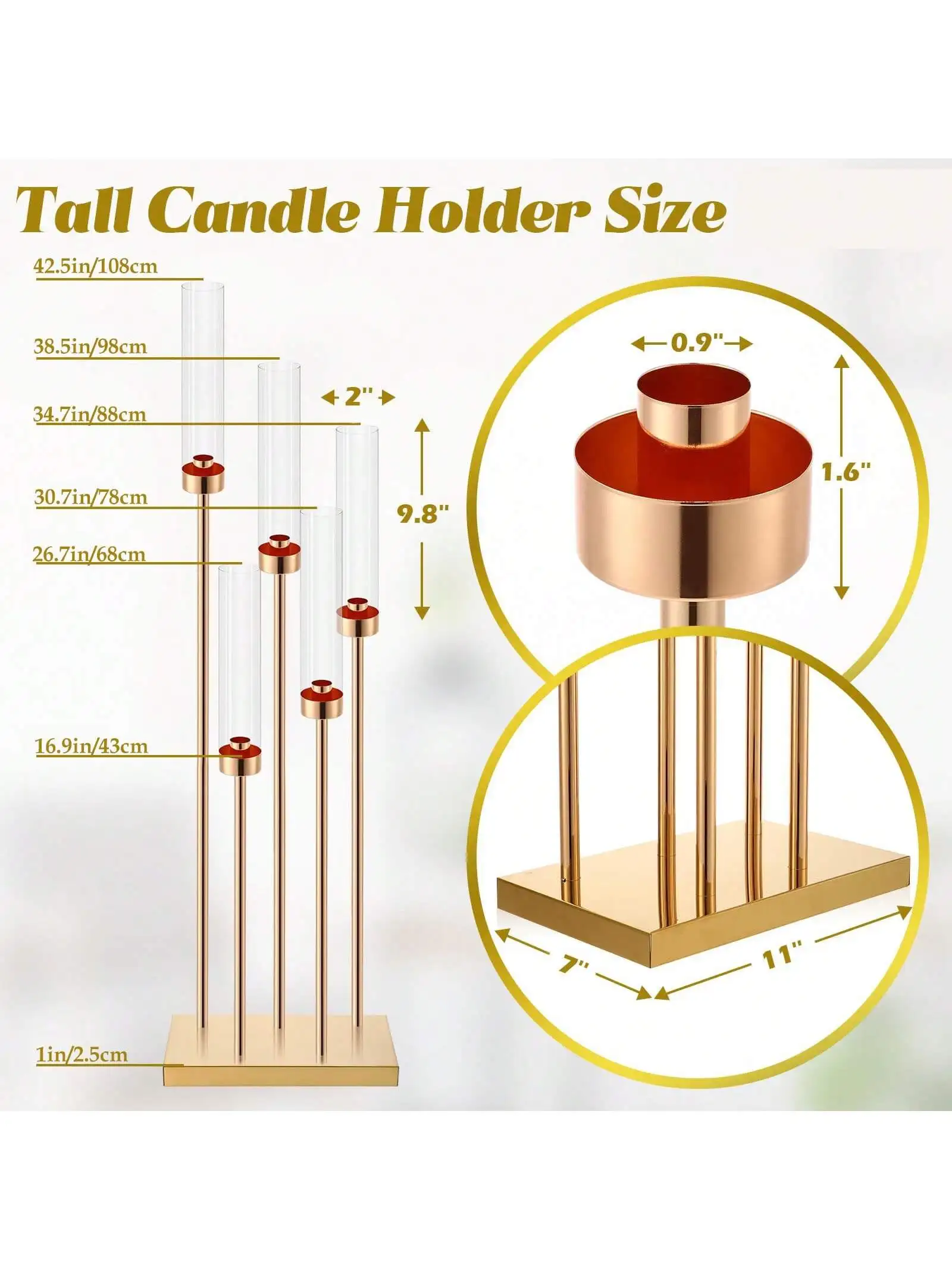 Gold Floor Candelabra Centerpieces 42.5inch 5Arm Tall Metal Candle Holders Candlestick with Acrylic Lampshades Pillar Taper Candle Stand for Wedding Ceremony Home Father Day Party Decor
