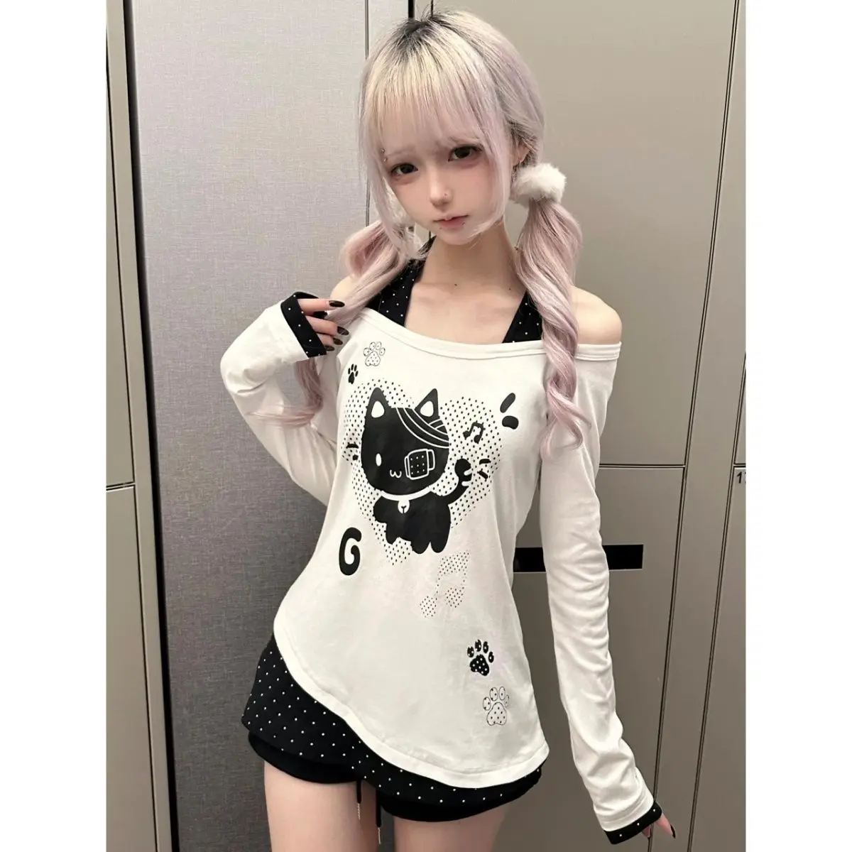 Japanese anime style soft & cute otaku-inspired kitten print halter neck faux two-piece long sleeve top