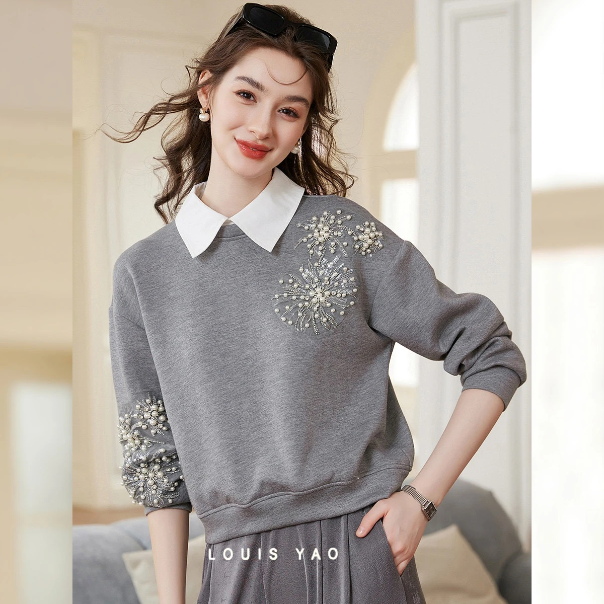 LOUIS YAO Beaded Floral Embellished Women's Sweatshirt 2026 Spring/Autumn Pullover Sweet Style Sequin-Detailed Loose-Fit Hoodies