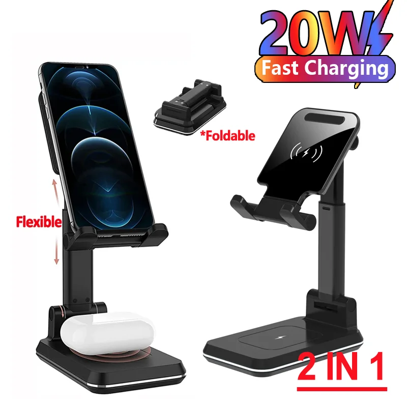 2 in 1 Wireless Fast Charger Stand 20W Foldable Charging Tablet Phone Desk Holder Dock For iPhone15 14 13Pro Max Samsung AirPods