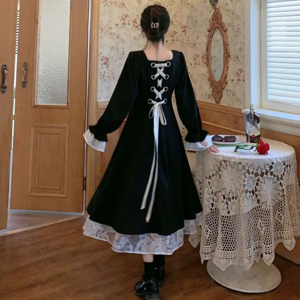 

High Waist Slim Fit Lace Princes Dress A-line Pleated Girls Long Dress Ballet Style Sweet Puff Long Sleeved Dress Streetwear