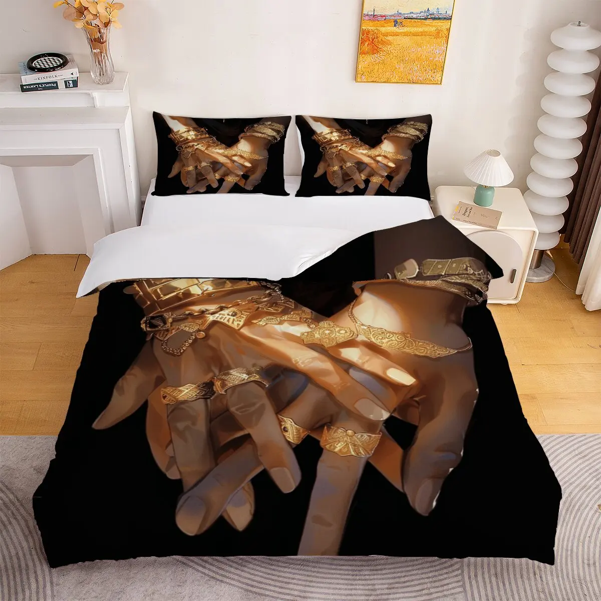 Gloves  Duvet size  Gold rings  1 duvet cover and 2 pillowcases (without blankets)