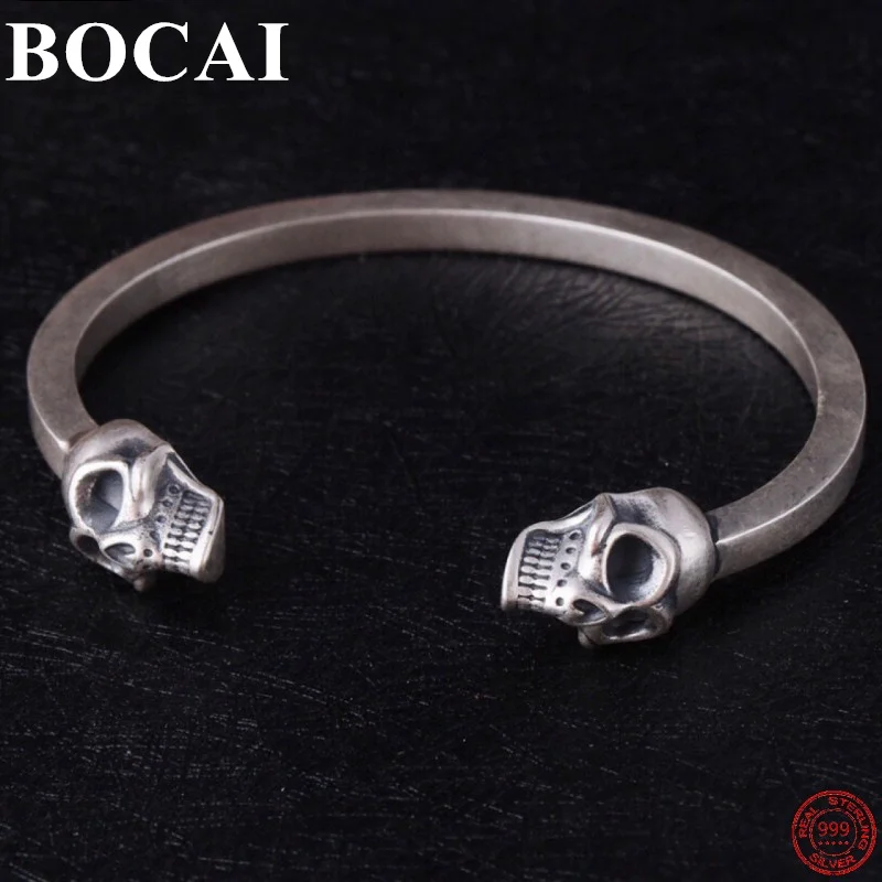 

BOCAI 100% S999 Sterling Silver Bracelet Fashion Personality Exaggeration Double Skull Pure Argentum Bangle for Women Men