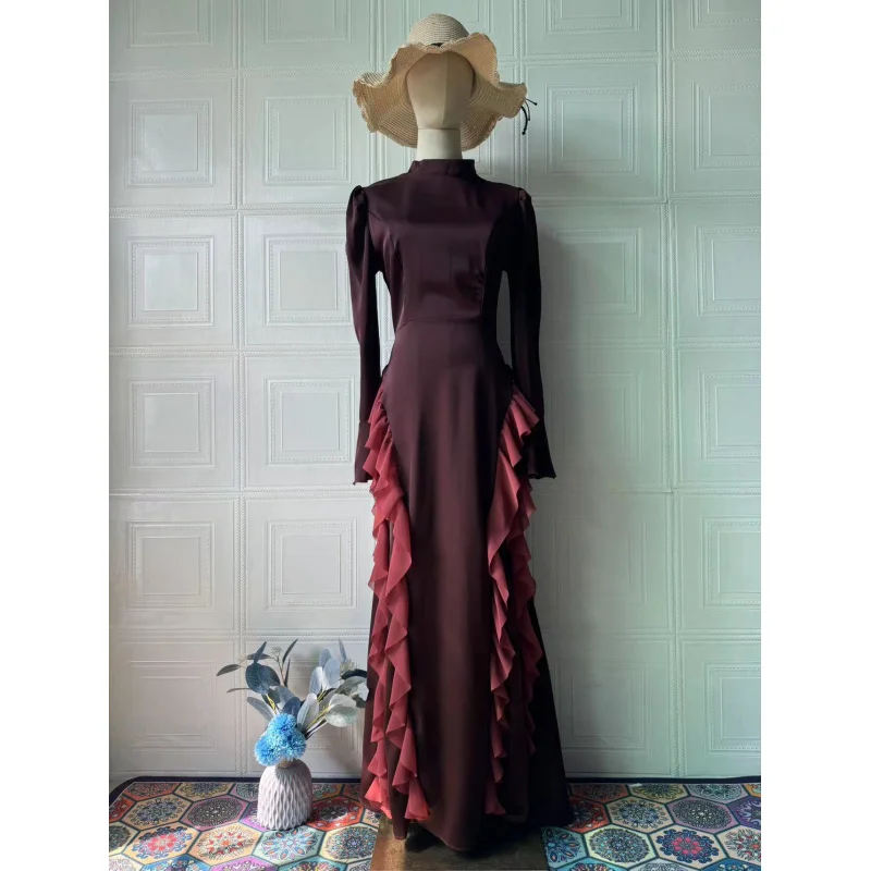 2025Spring New Satin Palace Style Chiffon Patchwork Half High Collar Tie Dress