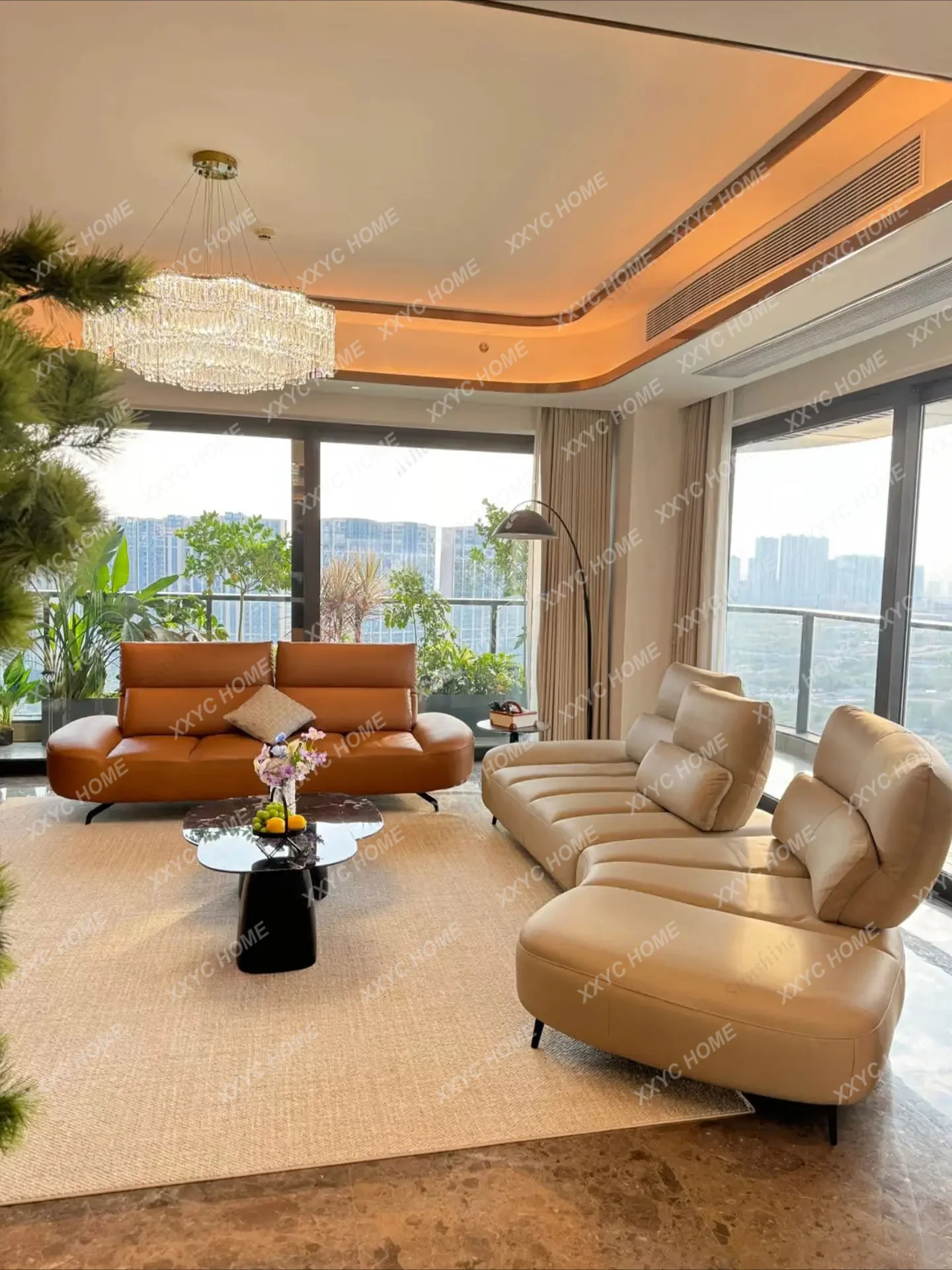 Curved leather sofa Italian minimalist backrest can be adjusted front and back to the horizontal hall