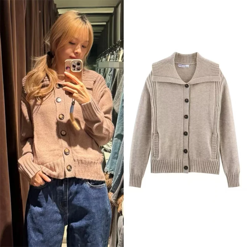 

Women's Jacket 2025 Autumn New Arrivals Khaki Long-Sleeve Single-Breasted Loose Knit Jacket Casual Fashion Versatile