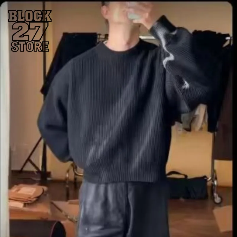 

Mens Sweater Harajuku Autumn Winter Heavyweight Minimal Design Loose Solid Color Pullover Retro Lazy Style Warm Knit Streetwear