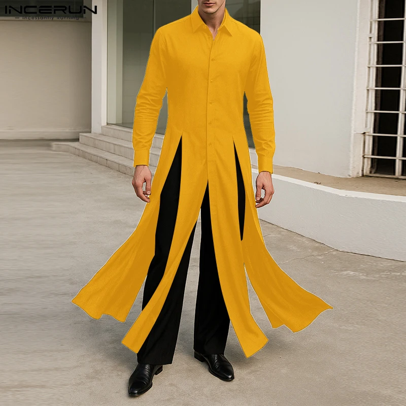 

INCERUN Men Long Style Shirt Solid Color Lapel Long Sleeve Loose Split Men Clothing Streetwear 2025 Fashion Casual Long Tops Men