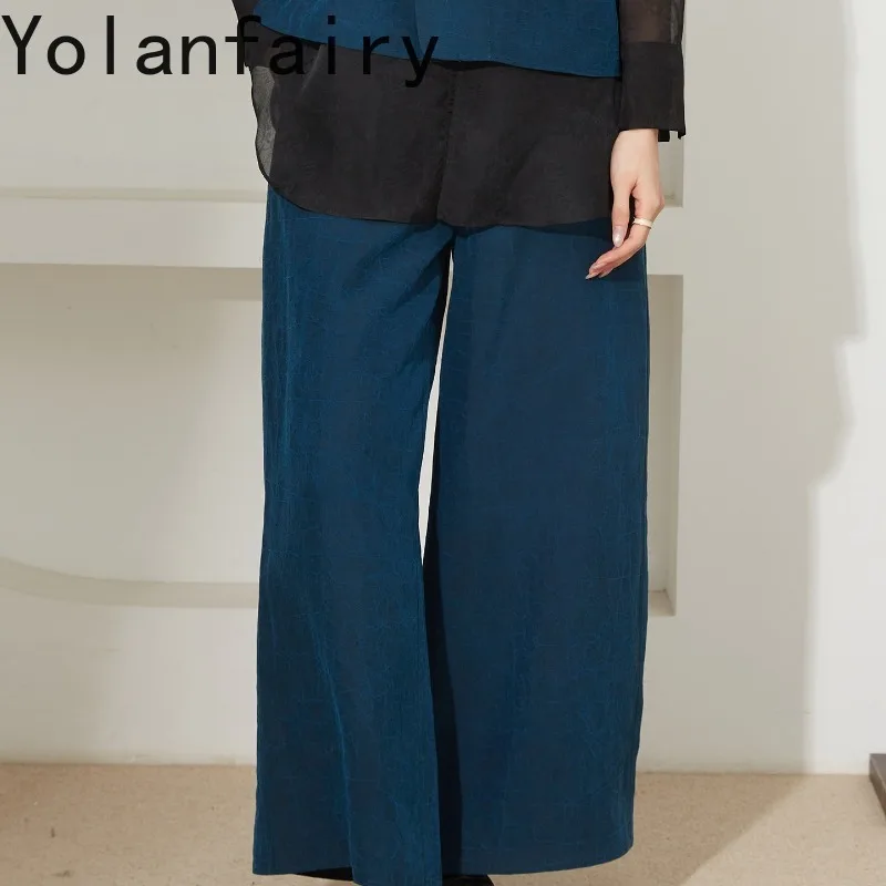 YOLANFAIRY 100% Mulberry Silk Pants Women Tortoise Crack Gambiered Trousers Elastic High Waist Loose Wide Leg Straight Pants