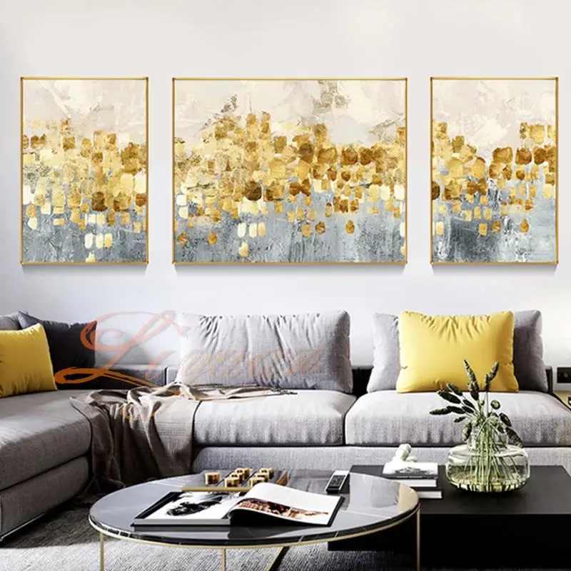 

Pure Handmade Abstract Oil Painting Luxury Gold Foil Triptych Living Room Wall Art Decor Hanging Simple Mural Texture Frameless