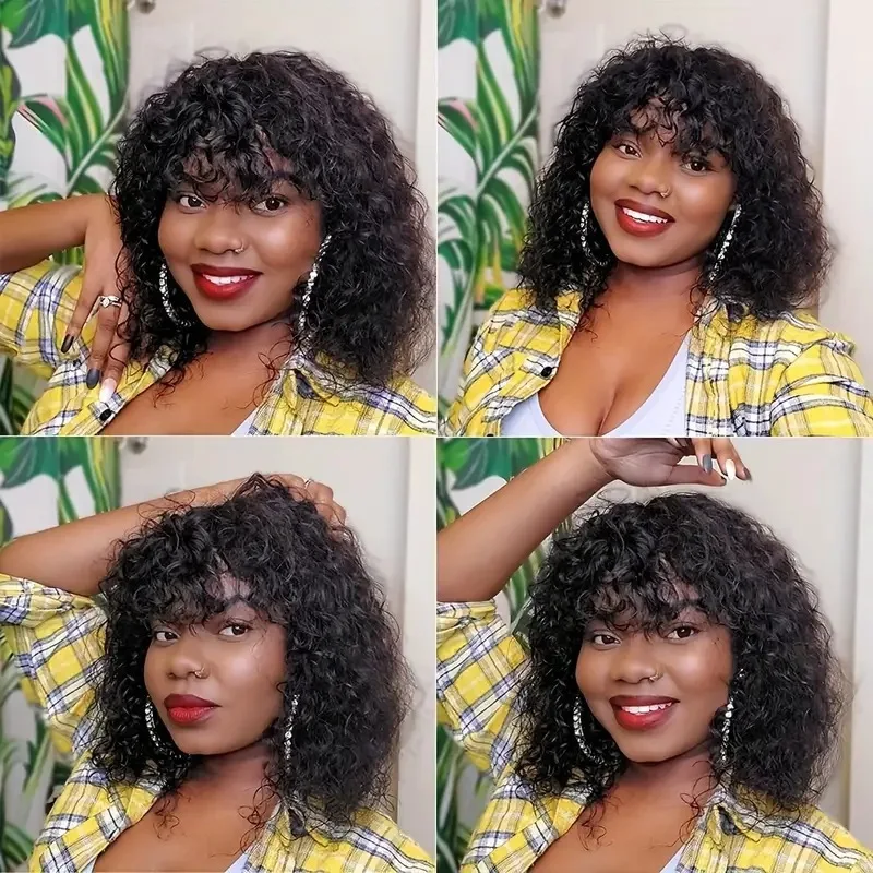 European and American middle-part bob short hair with bangs for women, small curly synthetic wig full head