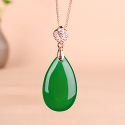 Natural Ice Green Chalcedony Water Drop Pendant 925 Silver Inlaid Agate Necklace Exquisite Fashion Women Jewelry Party Gift