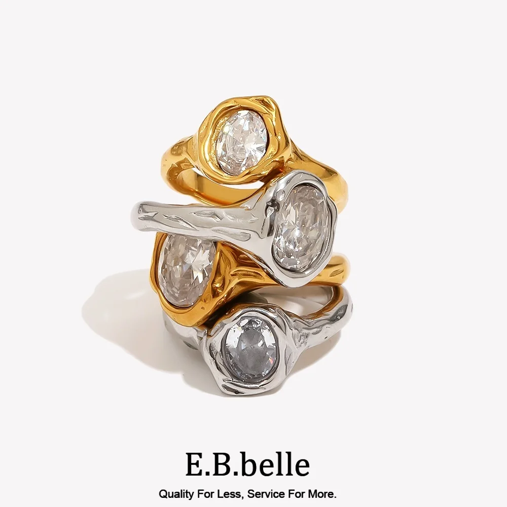 E.B.belle Schlichter Stil, großer Zirkon-Ring, kreativer personalisierter Edelstahl, anlaufgeschützter Charm-Schmuck für Frauen