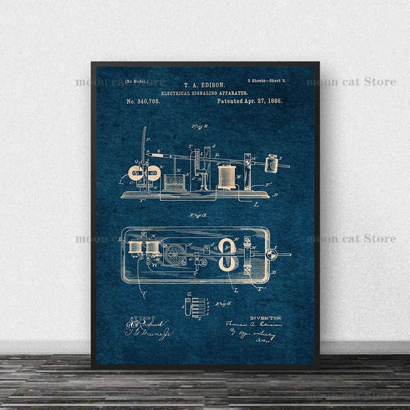 Vintage Thomas Edison Dynamo/lampa elektryczna Patent szkic plakat inżynier płótno malarstwo drukuje zdjęcia ścienny dekoracje do domowego biura