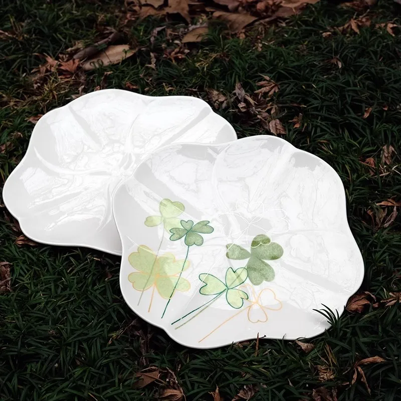 New Bone China Clover Lucky Grass White Shape Flower Plate/Daily Family Dinner Plate Four Pieces Leaves Dish