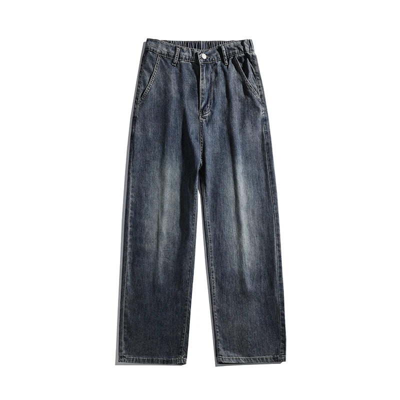 2026 Half Elastic Button Waist Loose Lyocell Jeans Men Vintage Wash Breathable Basic Daily Pants