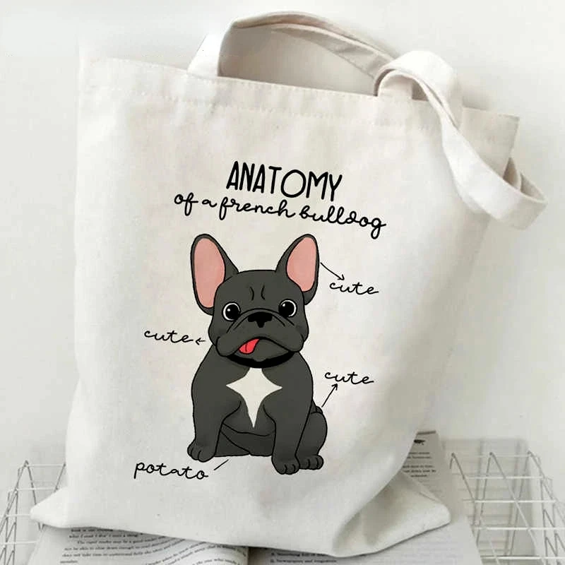 French Bulldog Shopping Shoulder Bag Cute Canvas Bag Student Ladies and Girls Friend Gift Storage Fashionable Cartoon Bag