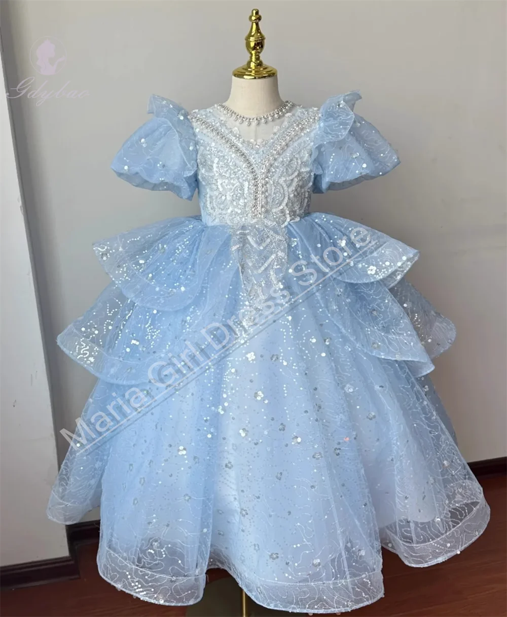 Light Blue Children's Formal Dress 2026 Baby Princess Dress Puffy Sequin Pearl Decoration Host Model Performance Costume
