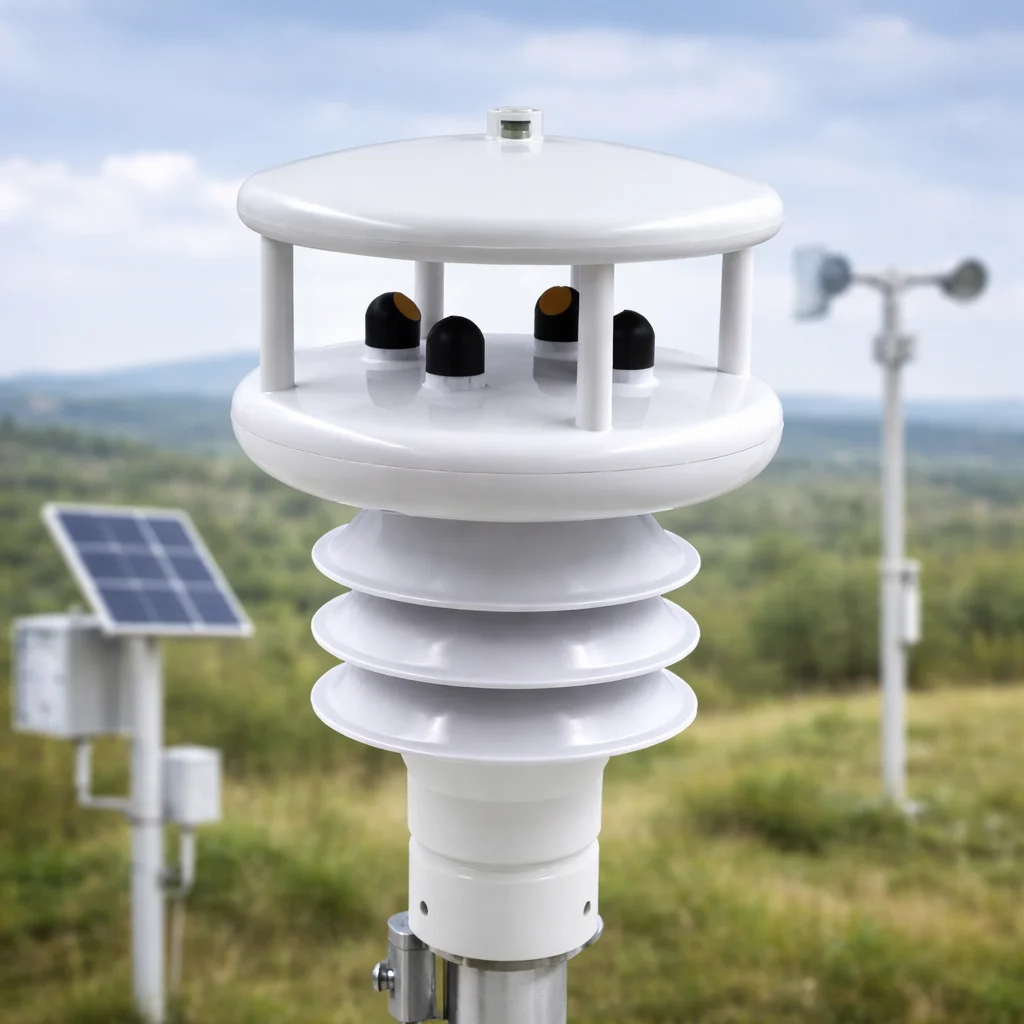 Compact IoT Weather Station with Wind Solar Rain Temperature Humidity PM2.5 PM10 Sensors for Environmental Monitoring