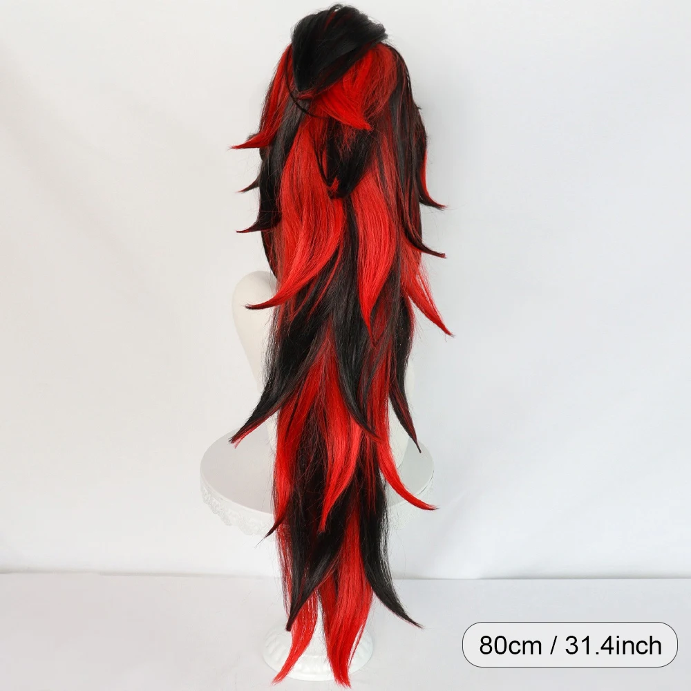 Long Straight Black Ombre Red Layered Ponytail Clip Wig Synthetic Fluffy Anime Game Cosplay Wig for Daily Party