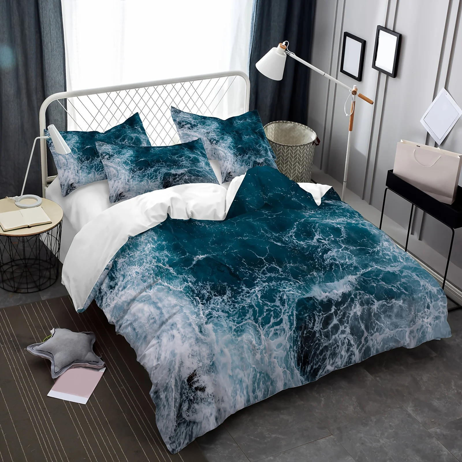 

2/3pcs Ocean Wave Bed Print Bedding Set for Boys and Girls Bedroom, Machine Washable. Holiday Gifts for Kids Bedroom Decor