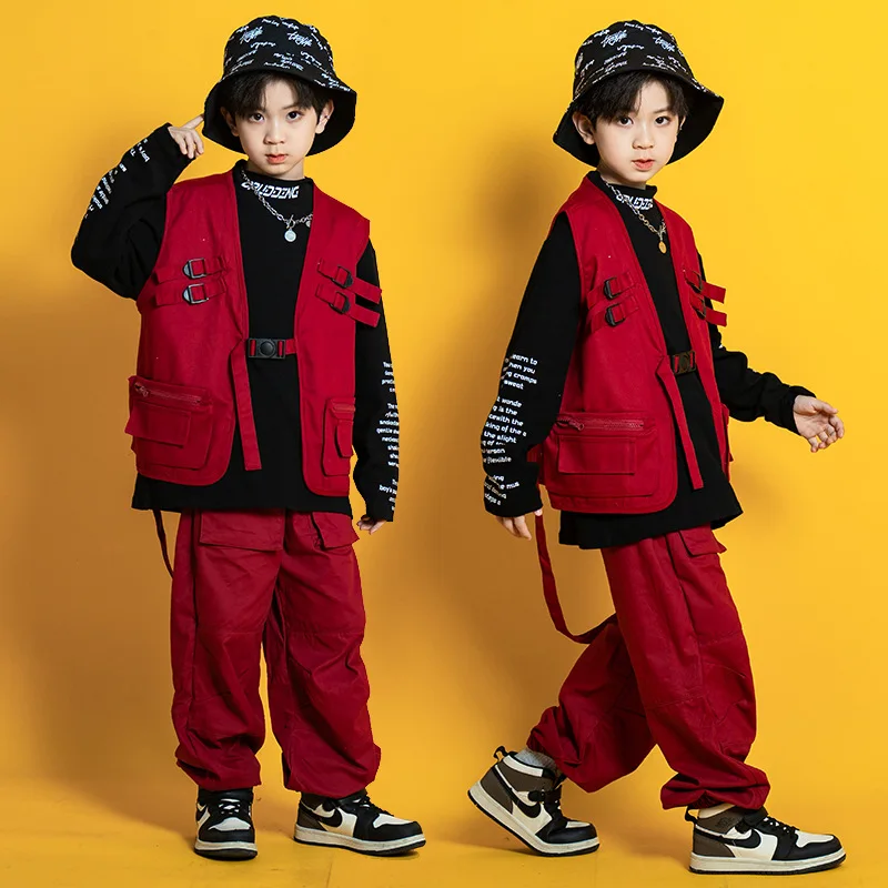 

Kid Hip Hop Clothing Wine Red Shirt Tactical Vest Top Wide Casual Street Cargo Jogger Pants for Girl Boy Dance Costume Clothes