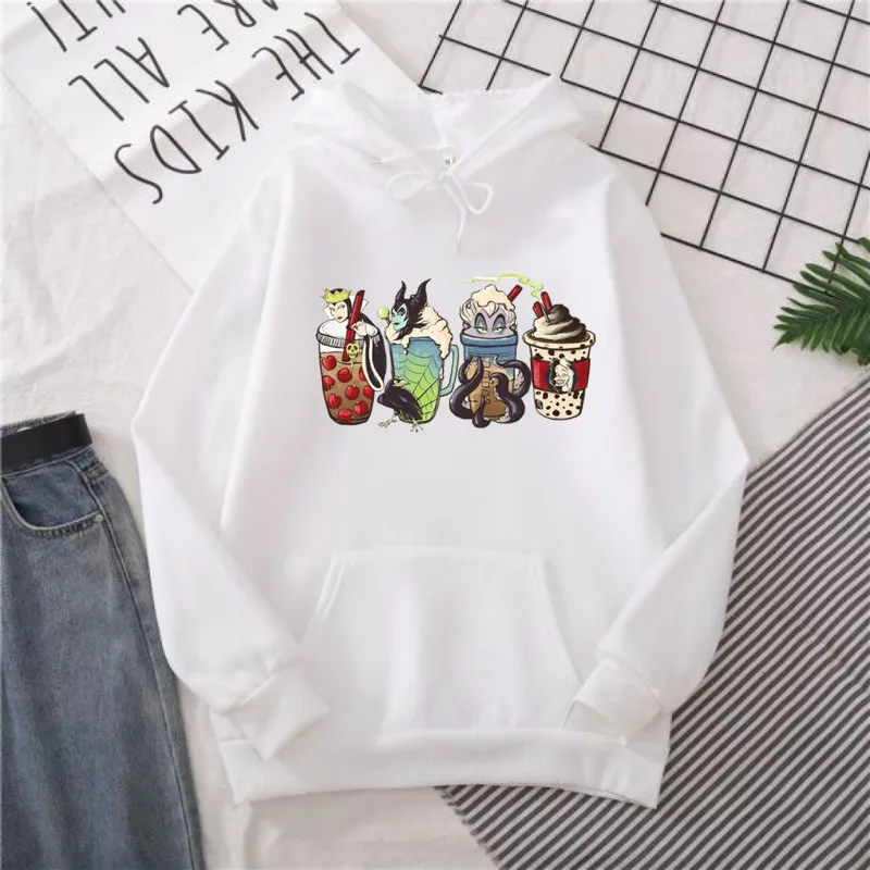 Funny Villains Coffee Hoodies Womens Anime Hip Hop Loose Sweatshirts Fleece Warm Soft Hooded Street Casual Harajuku Hoodie