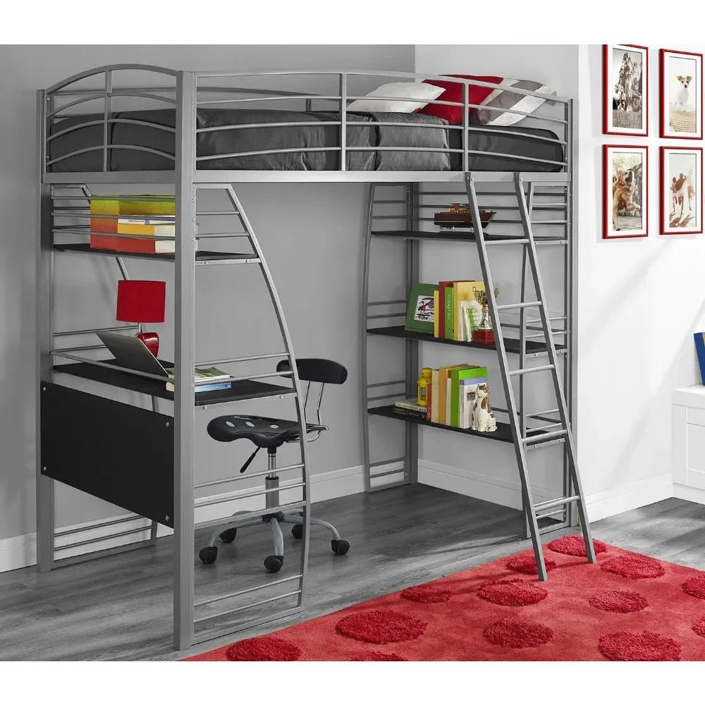 

Studio Loft Bunk Bed Over Desk and Bookcase with Metal Frame, Twin, Gray Gray bedroom furniture bunk beds bed set furniture