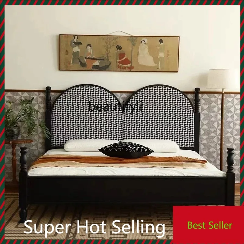 

QQ132 French Retro Black Solid Wood Bed Backrest Master Bedroom Marriage Bed 1.8 M American Double Ash Wood Bed