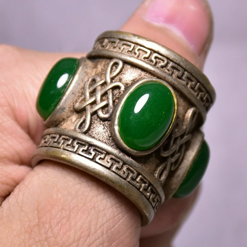 

3CM Rare Old Chinese Silver inlay Green Jade Dynasty Palace Hand Ring