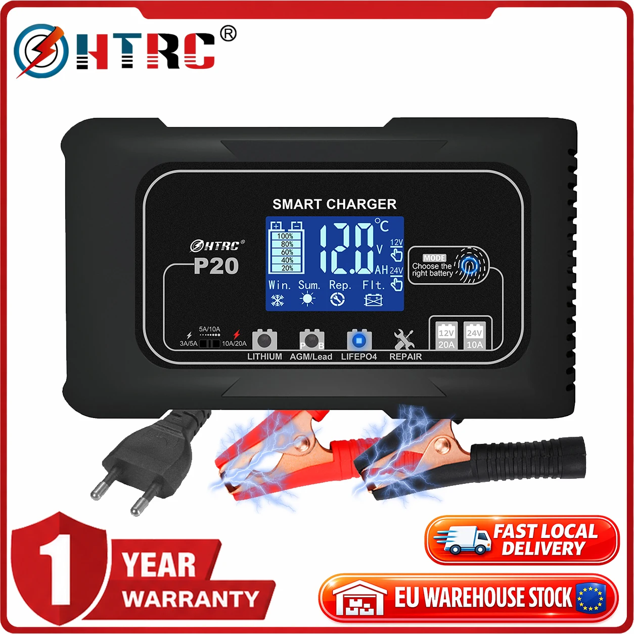 Image of HTRC 20A 12V-24V P20 Batterieladegerät EU-Lagerbestand für Smart Car Batterieladegerät Reparatur Auto Moto Blei-Säure AGM GEL PB Lithium LiFePo4 Batterie