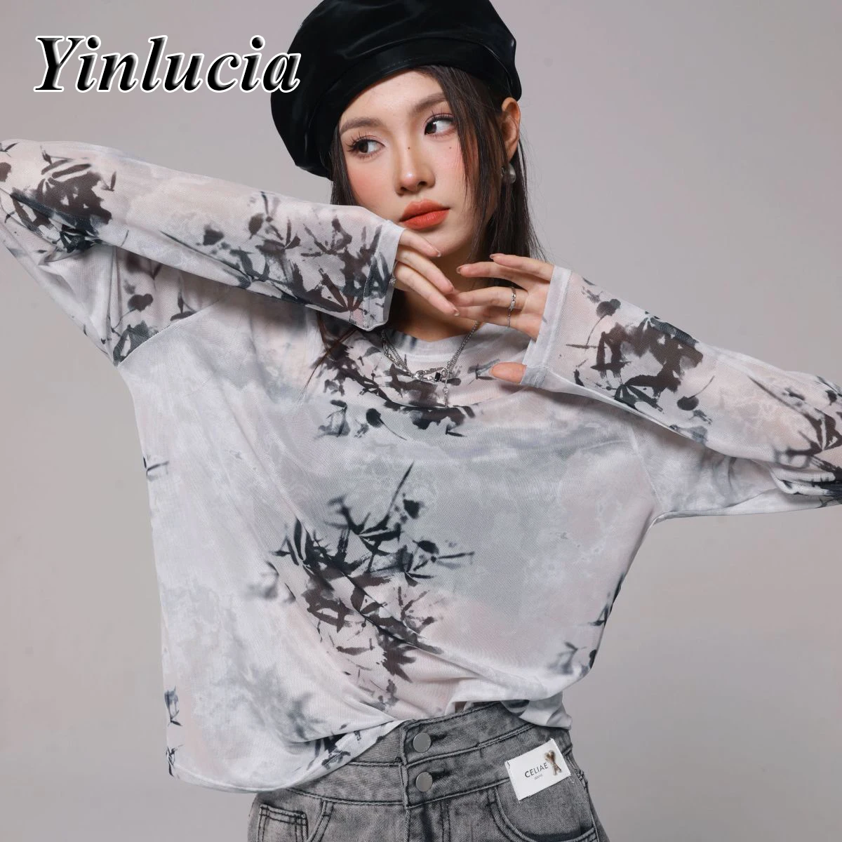 Ancient Ink Wash Bamboo Grove Tee Tops Women Blouses Sexy Mesh Shirt Loose Designed Transparent Blouse Stylish Street Wear