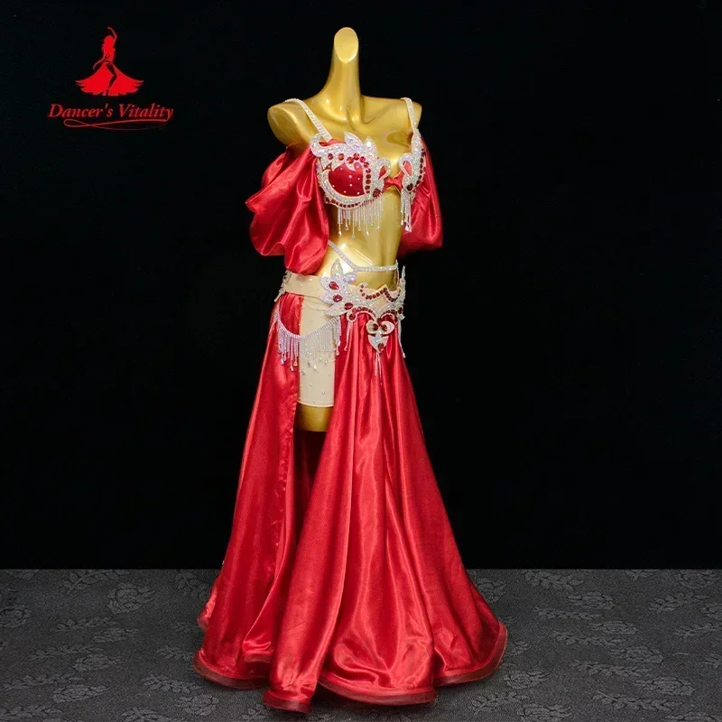 Belly Dancer Costume Set for Women Customsized AB Stones Bra+Satin Long Skirt 2pcs Adult Child Oriental Dancing Performance Suit