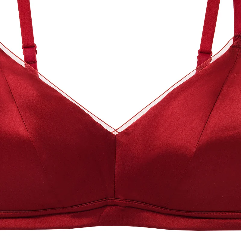 Women Silk Bra Set Red Color 100% Natural Silk Lining Thin Type Wireless Wire Free Bra With Panties Underwears Comfortable TG243