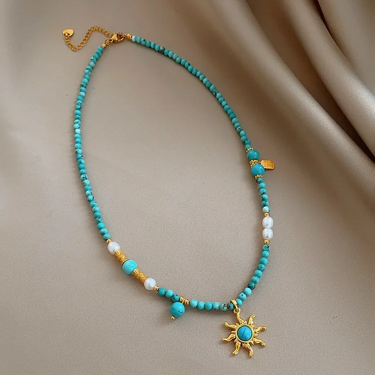 

Новое поступление, ретро подсолнух, бирюзовые бусины, камень, натуральный пресноводный жемчуг, 14-каратное золото, женская короткая цепочка, ожерелье, ювелирные изделия