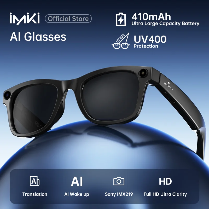 IMIKI AI النظارات الذكية مع كاميرا 8MP تسجيل الفيديو 100+ لغة ترجمة النظارات الشمسية بلوتوث دعوة الموسيقى تشغيل الرجال النساء