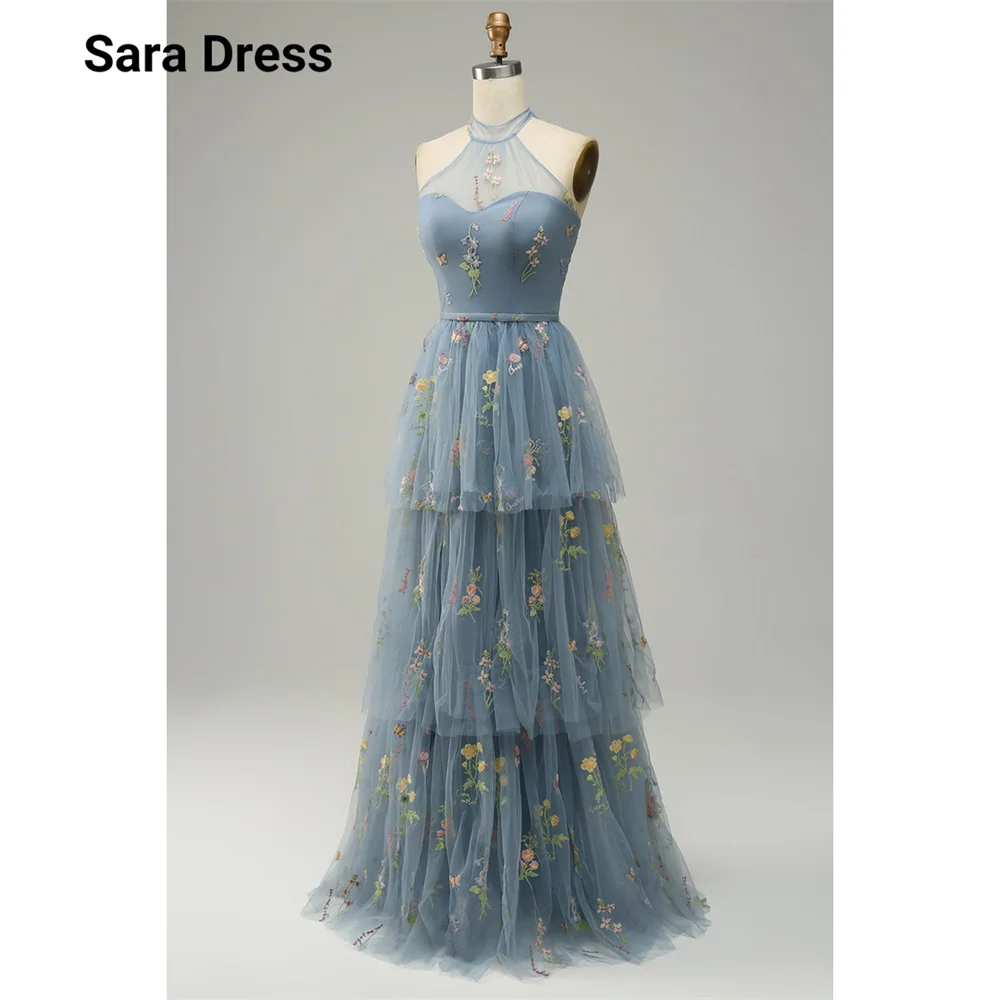 Sara Custom Blue Floral Lace Multi-layered Sleeveless Women's Prom Dress 2026 Luxury Elegant Party Dresses for Wedding Woman