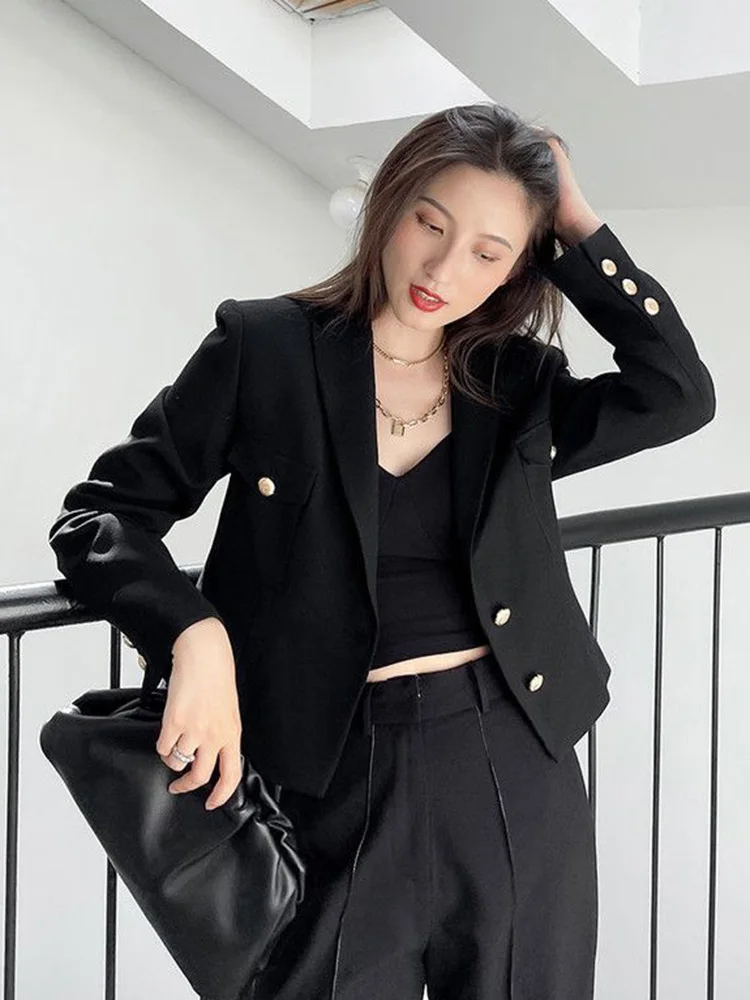 Zoki Casual Black Blazer Coats Women Fashion Slim Long Sleeve Elegant Short Jackets Fall Korean Double Buttons Office Lady Tops