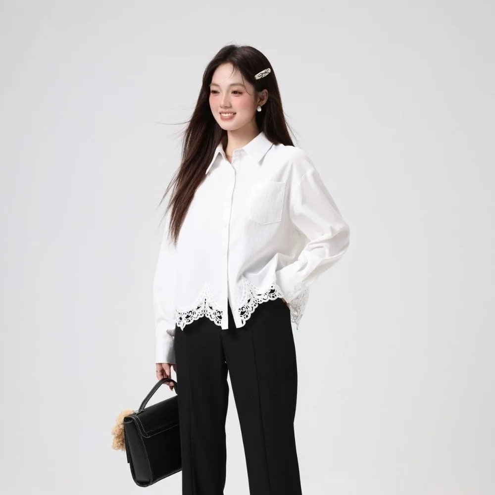 Irregular Lace Women's Plain Lace Shirt Leisure Lapel Long Clothing Sleeves Korean Style Blouse Streetwear Simple