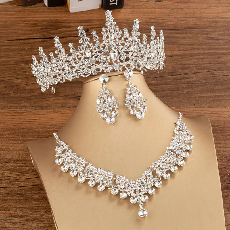 Luxury Silver Color New Jewelry Accessorie Sets Crystal Choker Necklace Water Drop Earrings Tiara Wedding Costume Jewelry Set