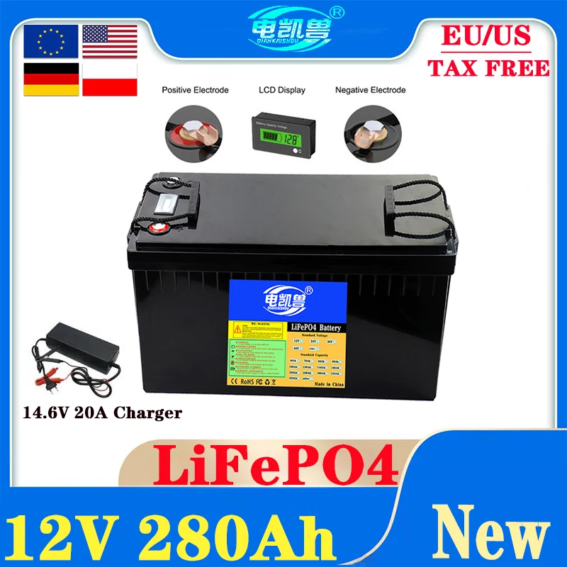 

tax-free Brand New 12V 300Ah 100Ah 160Ah 200Ah 280Ah LiFePo4 battery pack 24V built-in BMS lithium iron phosphate battery